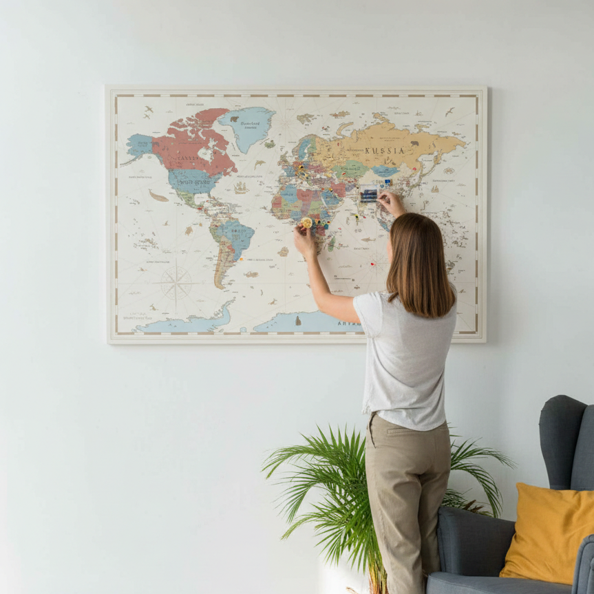 Person standing on a rug, reaching up to a world map on a wall, with a gray armchair and plant in the foreground.